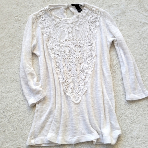 White Crochet Sweater Semi Sheer Tunic  Lace Forever 21 M - Picture 2 of 5